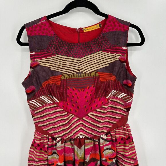 ANTHROPOLOGIE Pankaj & Nidhi Red Beige Embroidered Fit & Flare Mini Dress Size 4 - Picture 3 of 7